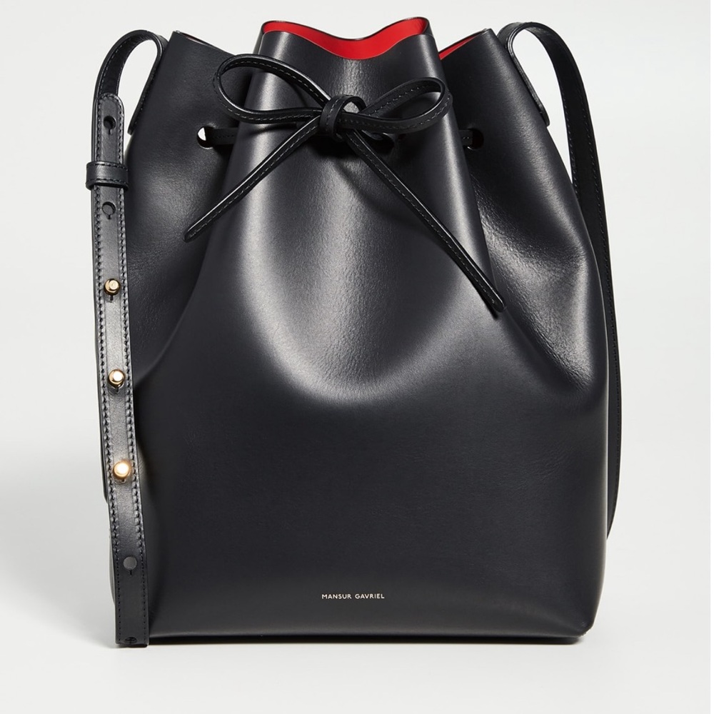 Mansur Gavriel Black Bucket Mini Crossbody Bag in Black Flamma Red